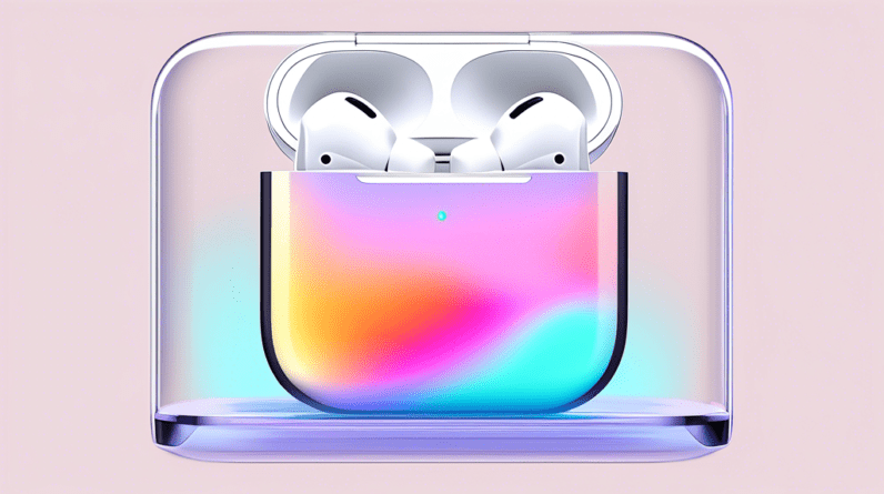 A pair of AirPods Pro 2 levitating in front of a transparent phone screen displaying the iOS 18 logo and new features.