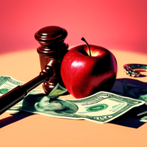 A bitten apple with a judge's gavel casting a shadow over it, with $100 bills scattered around and handcuffs in the background.