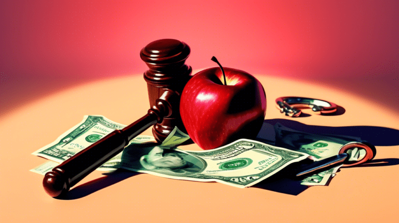 A bitten apple with a judge's gavel casting a shadow over it, with $100 bills scattered around and handcuffs in the background.