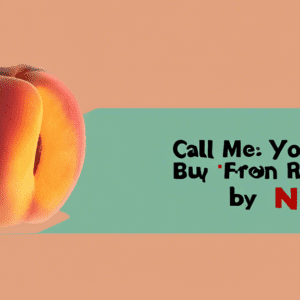 A sun-drenched peach split in half in front of a vintage movie projector with a title card that reads Call Me By Your Name and Netflix's Movie of the Day with a 94% Rotten Tomatoes score.