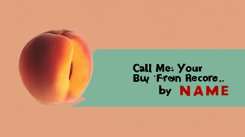 A sun-drenched peach split in half in front of a vintage movie projector with a title card that reads Call Me By Your Name and Netflix's Movie of the Day with a 94% Rotten Tomatoes score.