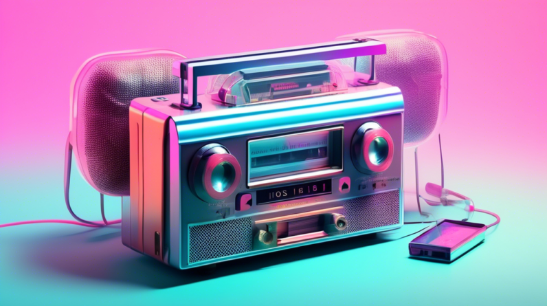 A vintage tape recorder with a transparent cassette tape unspooling, a microphone in front of it, and the text iOS 18 appearing as a holographic projection above.