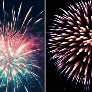 A split screen image: on the left, a pixelated photo of fireworks taken with an iPhone 4, and on the right, a vibrant, detailed photo of fireworks taken with an iPhone 15 Pro Max.