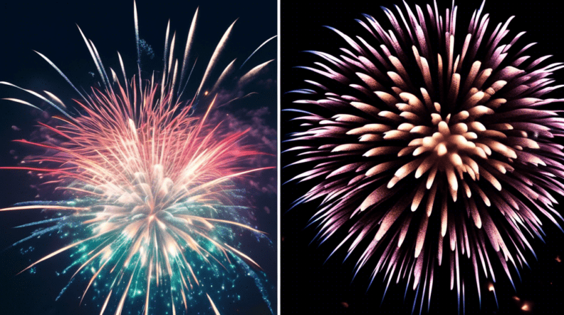 A split screen image: on the left, a pixelated photo of fireworks taken with an iPhone 4, and on the right, a vibrant, detailed photo of fireworks taken with an iPhone 15 Pro Max.