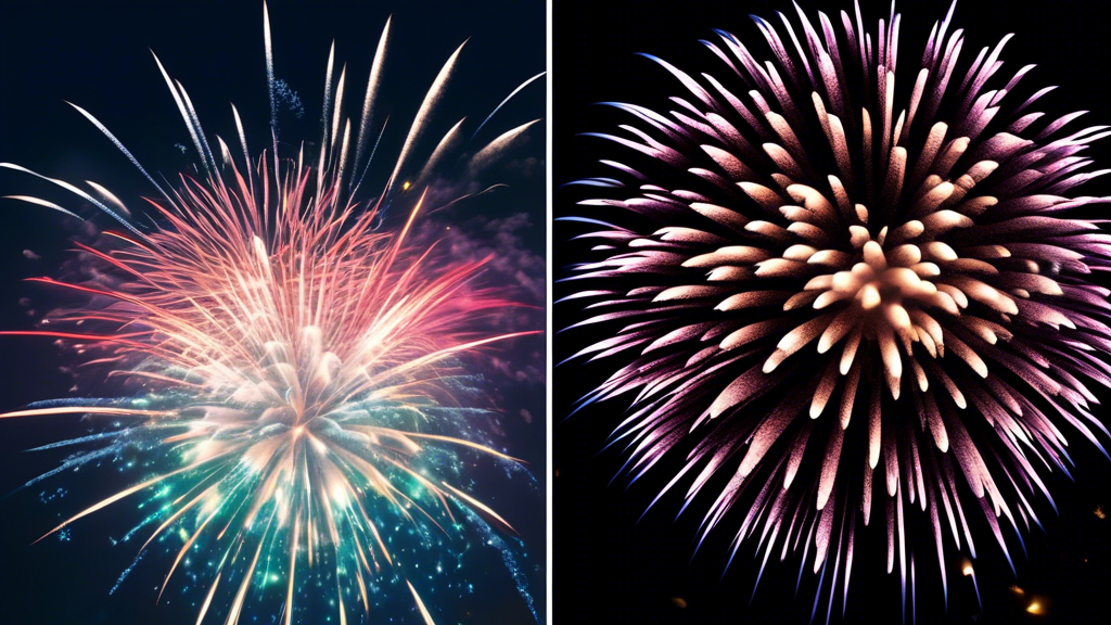 A split screen image: on the left, a pixelated photo of fireworks taken with an iPhone 4, and on the right, a vibrant, detailed photo of fireworks taken with an iPhone 15 Pro Max.