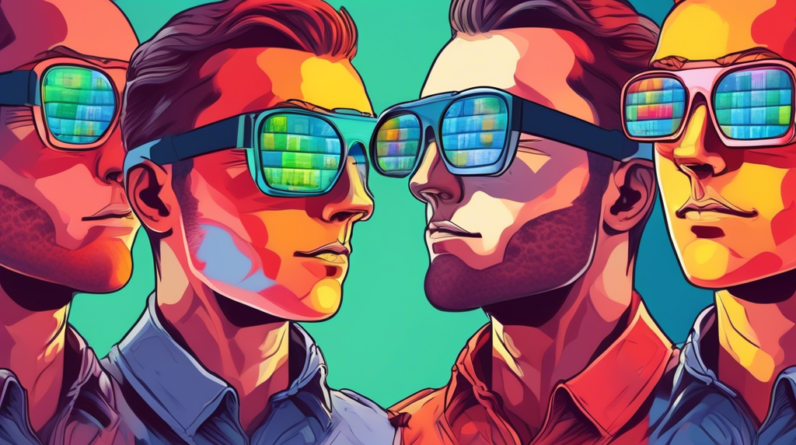 A colorblind person wearing AR glasses that correct their color vision, with an Android phone displaying the Android 15 logo reflected in the glasses.