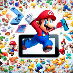 A translucent Nintendo 3DS playfully hovers over an iPad displaying the Delta emulator logo, set against a backdrop of iconic Nintendo characters.