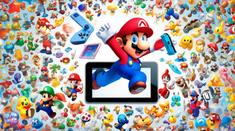 A translucent Nintendo 3DS playfully hovers over an iPad displaying the Delta emulator logo, set against a backdrop of iconic Nintendo characters.
