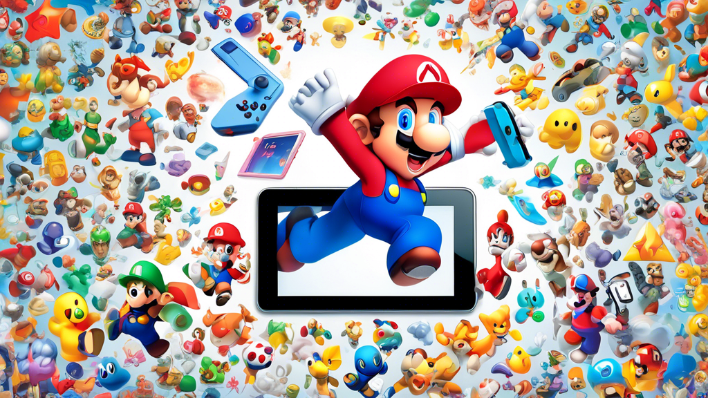 A translucent Nintendo 3DS playfully hovers over an iPad displaying the Delta emulator logo, set against a backdrop of iconic Nintendo characters.