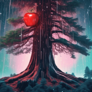 A majestic redwood tree with a glowing Apple logo embedded in its trunk, surrounded by computer code raining down like snow.