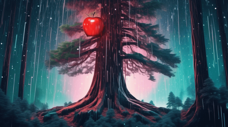 A majestic redwood tree with a glowing Apple logo embedded in its trunk, surrounded by computer code raining down like snow.