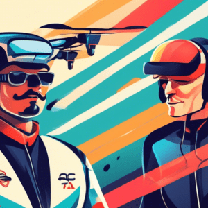 A drone with a microphone interviewing a man in a racing suit with the logo Drone Legends on it.