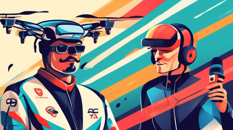 A drone with a microphone interviewing a man in a racing suit with the logo Drone Legends on it.