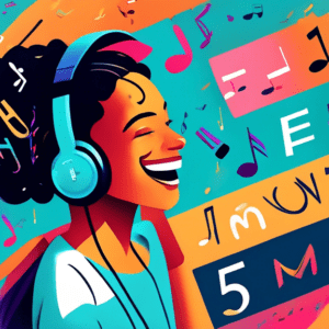 A smiling person wearing headphones, surrounded by musical notes and Amazon Prime's logo, with a banner that says 5 Months Free.