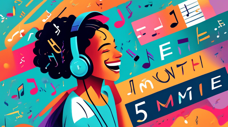 A smiling person wearing headphones, surrounded by musical notes and Amazon Prime's logo, with a banner that says 5 Months Free.