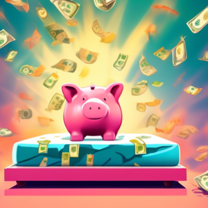 A hand reaching out to five high-quality mattresses with glowing price tags, set against a backdrop of a cracked piggy bank overflowing with money.