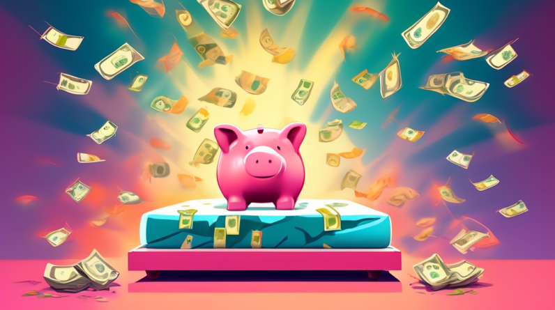 A hand reaching out to five high-quality mattresses with glowing price tags, set against a backdrop of a cracked piggy bank overflowing with money.