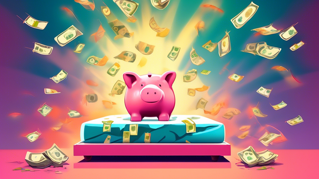A hand reaching out to five high-quality mattresses with glowing price tags, set against a backdrop of a cracked piggy bank overflowing with money.