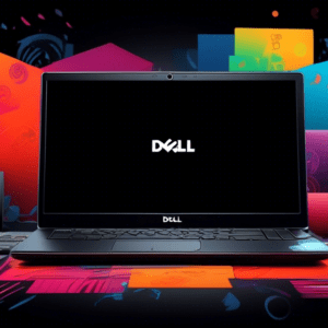 A Dell laptop with a $79 price tag radiating outwards, surrounded by four other discounted Dell products on a sleek black background with a subtle Black Friday pattern.