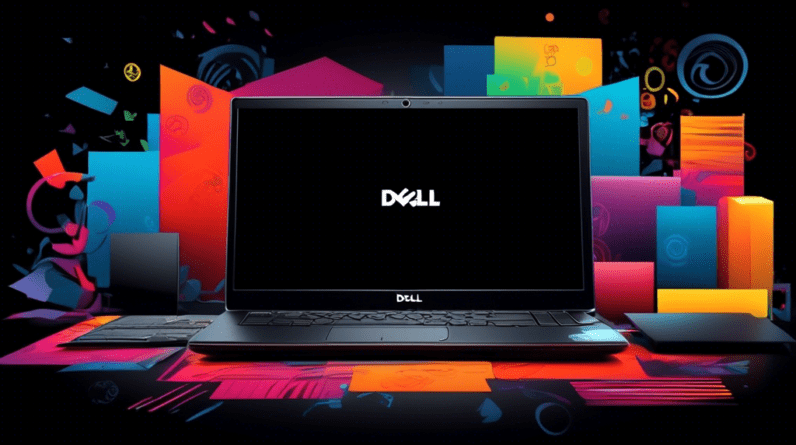 A Dell laptop with a $79 price tag radiating outwards, surrounded by four other discounted Dell products on a sleek black background with a subtle Black Friday pattern.