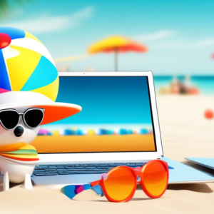 A security camera shaped like a beach ball, decorated with sunglasses and a summer hat, sitting on a beach with a laptop displaying IMOU Fest discounts in the background.