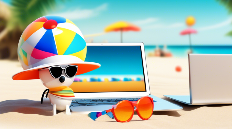 A security camera shaped like a beach ball, decorated with sunglasses and a summer hat, sitting on a beach with a laptop displaying IMOU Fest discounts in the background.