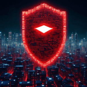 A giant Google logo casting a protective shield over a cityscape made of computer code, defending against a swarm of digital threats represented by glowing red eyes.