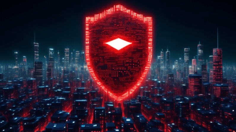A giant Google logo casting a protective shield over a cityscape made of computer code, defending against a swarm of digital threats represented by glowing red eyes.
