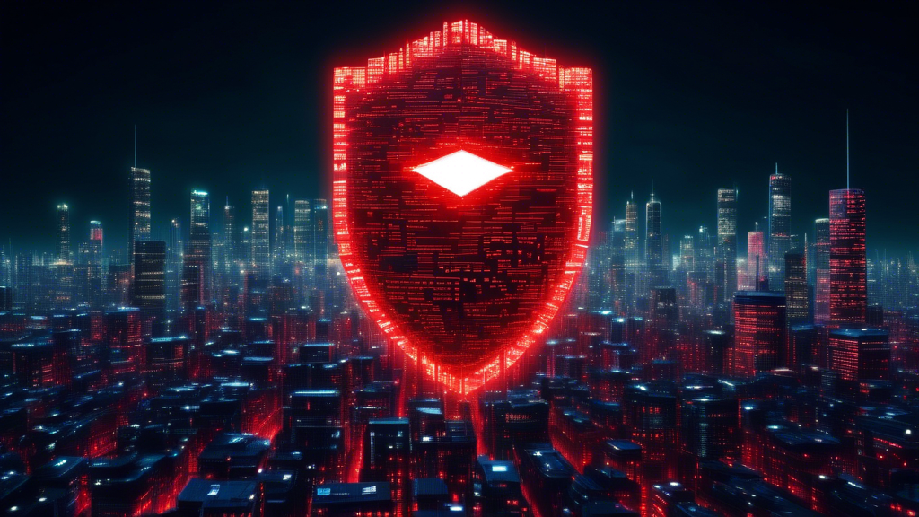 A giant Google logo casting a protective shield over a cityscape made of computer code, defending against a swarm of digital threats represented by glowing red eyes.