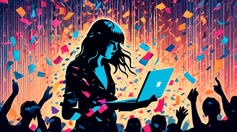 A shadowy figure holding a laptop with Taylor Swift concert footage on the screen, a Ticketmaster logo cracked behind them and hundreds of concert tickets falling like rain.