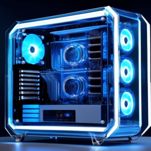 A futuristic, transparent computer case with visible components and glowing blue accents, titled InWin Proof of Concept One.