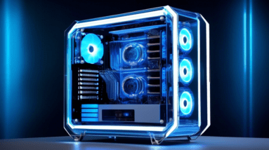 A futuristic, transparent computer case with visible components and glowing blue accents, titled InWin Proof of Concept One.