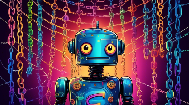 A robot entangled in a web of glowing chains, with words like rules, chat, and GPT appearing as links in the chains.