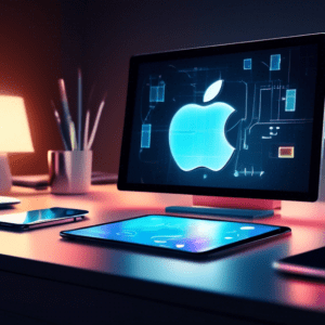 An Apple logo glowing on a sleek, minimalist smart home device, with blueprints and technical schematics scattered around it.