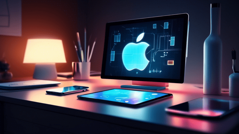 An Apple logo glowing on a sleek, minimalist smart home device, with blueprints and technical schematics scattered around it.
