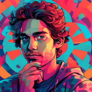 A stylized portrait of Luke Miani wearing an Apple Watch X with the MacRumors logo in the background.