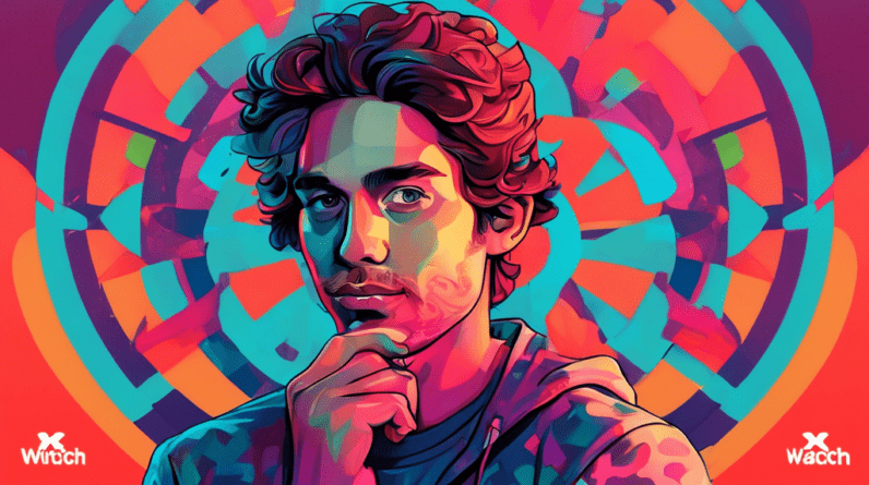 A stylized portrait of Luke Miani wearing an Apple Watch X with the MacRumors logo in the background.