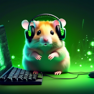 A cute hamster wearing gaming headphones, with one paw on a keyboard, surrounded by glowing green binary code that is morphing into menacing bugs.