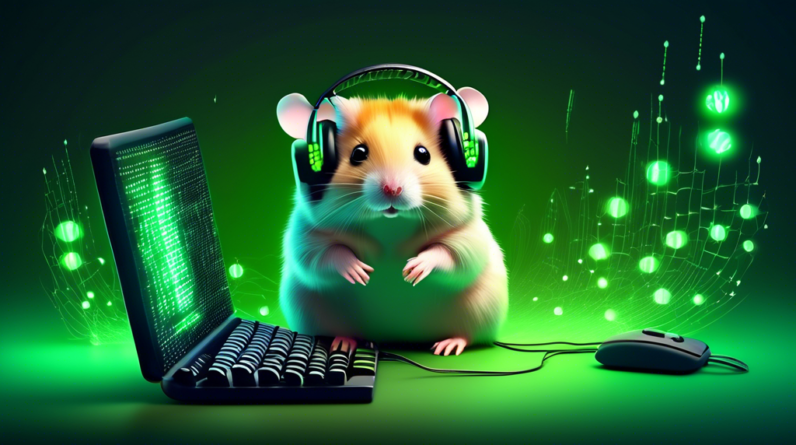 A cute hamster wearing gaming headphones, with one paw on a keyboard, surrounded by glowing green binary code that is morphing into menacing bugs.