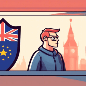 A cartoon illustration of a Windows logo holding a shield that says CrowdStrike Update with a sad European Union flag character looking on from outside a window.