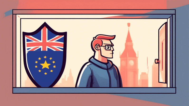 A cartoon illustration of a Windows logo holding a shield that says CrowdStrike Update with a sad European Union flag character looking on from outside a window.