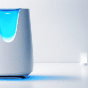 A sleek and futuristic air purifier with a digital display, glowing blue, in a minimalist white room with clean lines.