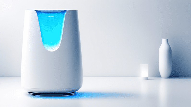 A sleek and futuristic air purifier with a digital display, glowing blue, in a minimalist white room with clean lines.