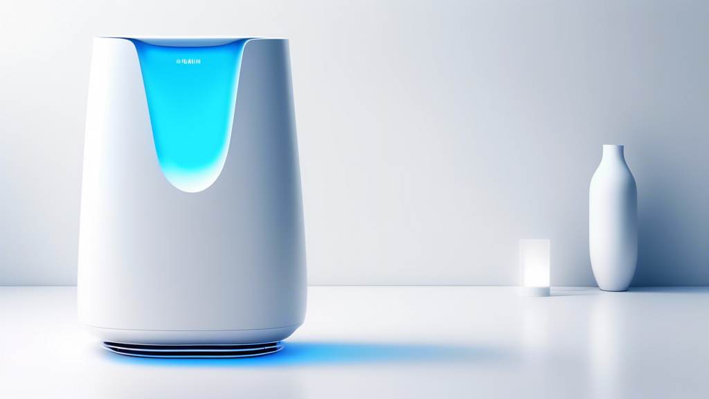 A sleek and futuristic air purifier with a digital display, glowing blue, in a minimalist white room with clean lines.