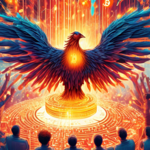 A phoenix rising from a pile of computer circuit boards, with glowing Bitcoin symbols raining down on people cheering in the background.