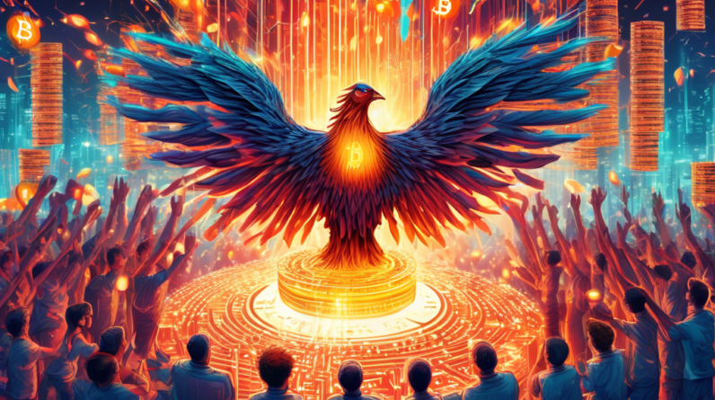 A phoenix rising from a pile of computer circuit boards, with glowing Bitcoin symbols raining down on people cheering in the background.