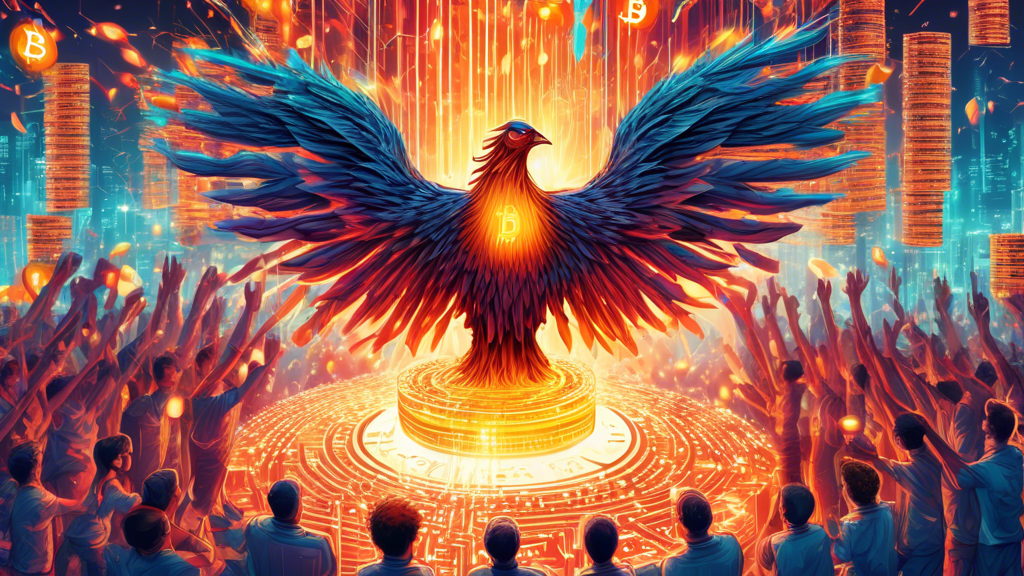 A phoenix rising from a pile of computer circuit boards, with glowing Bitcoin symbols raining down on people cheering in the background.
