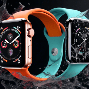 Apple Watch Series 9 with the same design as Apple Watch Series 8, but with a frustrated looking cracked glass screen and dust particles.