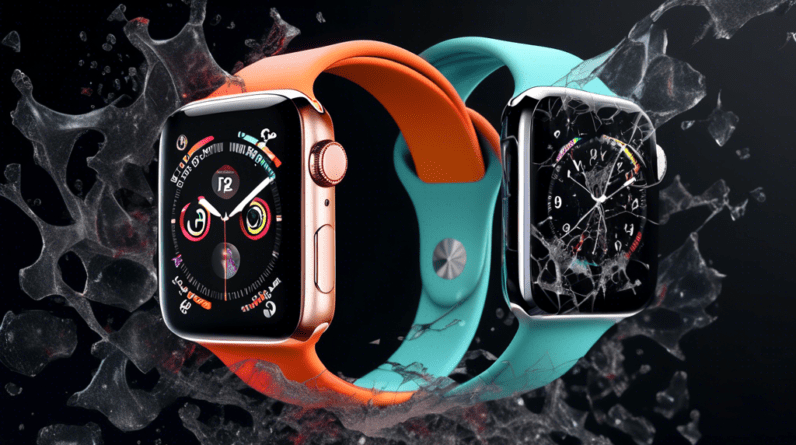 Apple Watch Series 9 with the same design as Apple Watch Series 8, but with a frustrated looking cracked glass screen and dust particles.