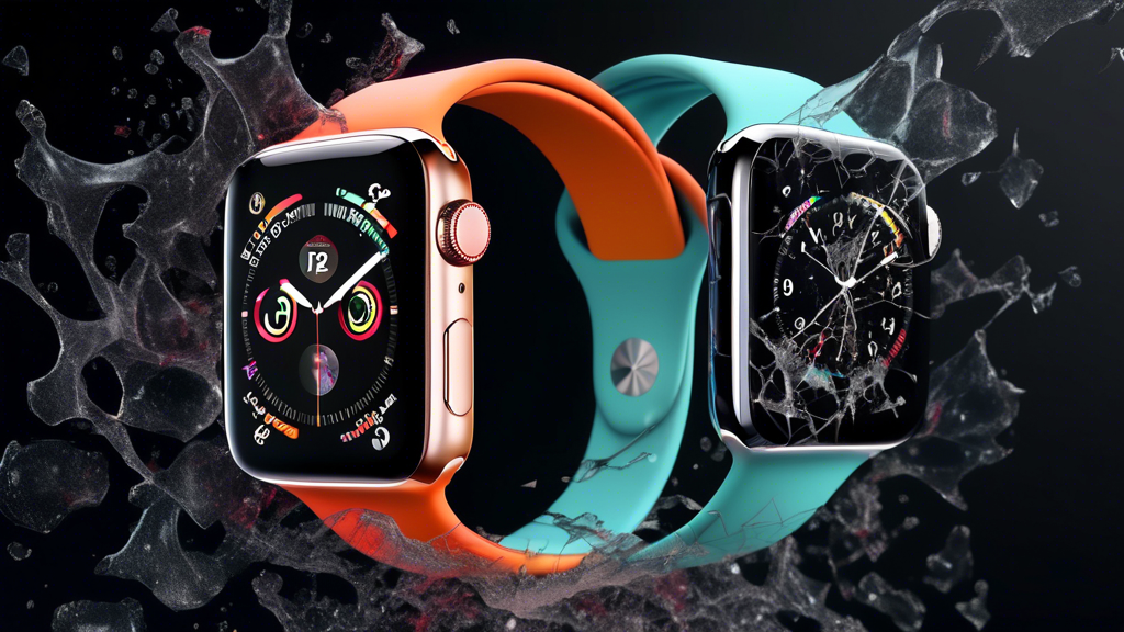 Apple Watch Series 9 with the same design as Apple Watch Series 8, but with a frustrated looking cracked glass screen and dust particles.